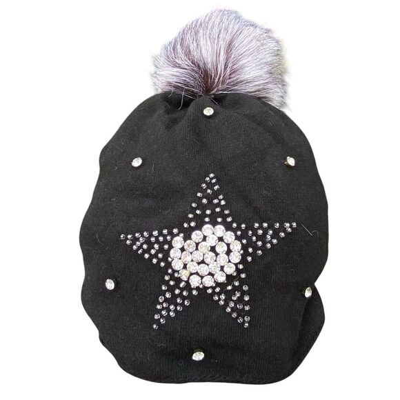 NWT New Adrienne Landau Black Crystal Embellished Wool Star Pom Pom Hat/Beanie main image 6